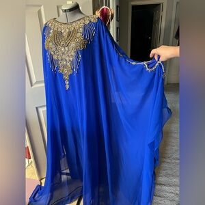 Royal Blue chiffon, formal Indian dress with heavily beaded front and neckline.